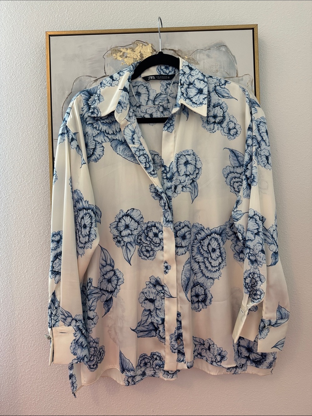 6/14 Zara Cream Shirt with Blue Floral Print
